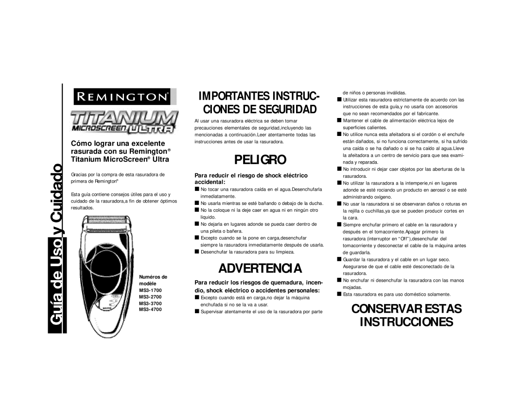 Remington MS3-2700 Para reducir el riesgo de shock eléctrico Accidental, Desenchufar la rasuradora para su limpieza 