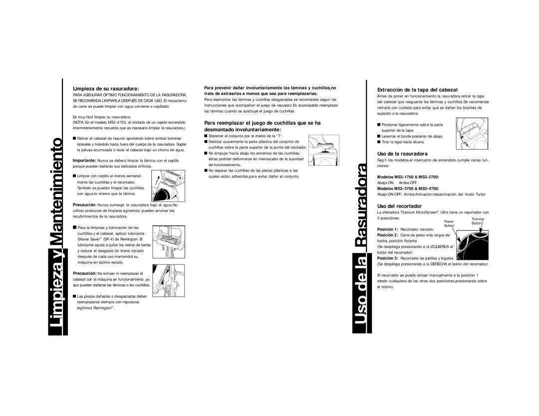 Remington MS3-4700 Limpieza de su rasuradora, Extracción de la tapa del cabezal, Uso de la rasuradora, Uso del recortador 