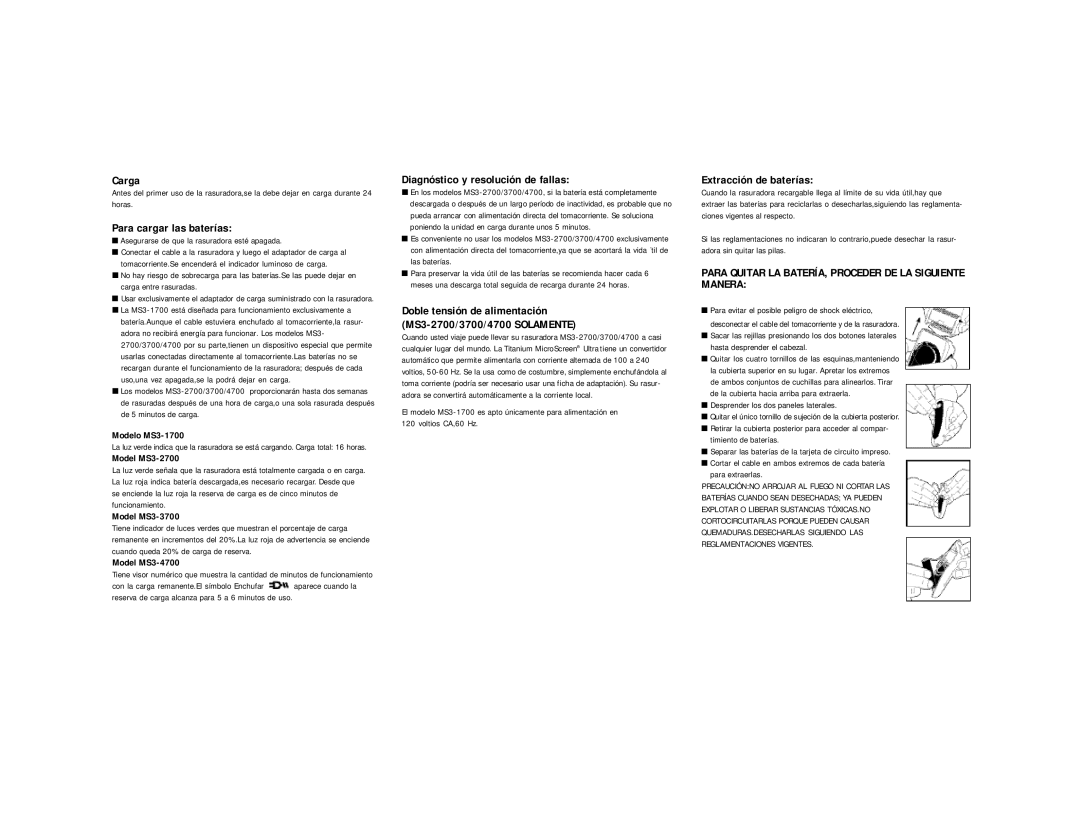 Remington MS3-1700, MS3-2700 Carga, Para cargar las baterías, Diagnóstico y resolución de fallas, Extracción de baterías 