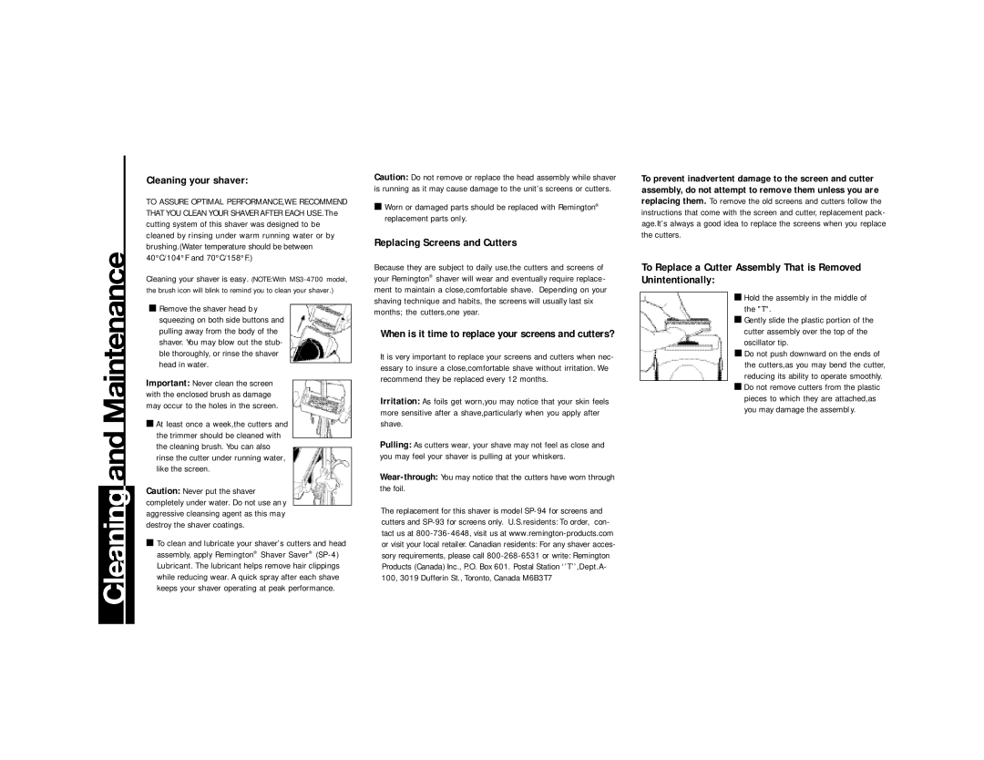 Remington MS3-4700, MS3-1700, MS3-2700, MS3-3700 Cleaning your shaver, Replacing Screens and Cutters 