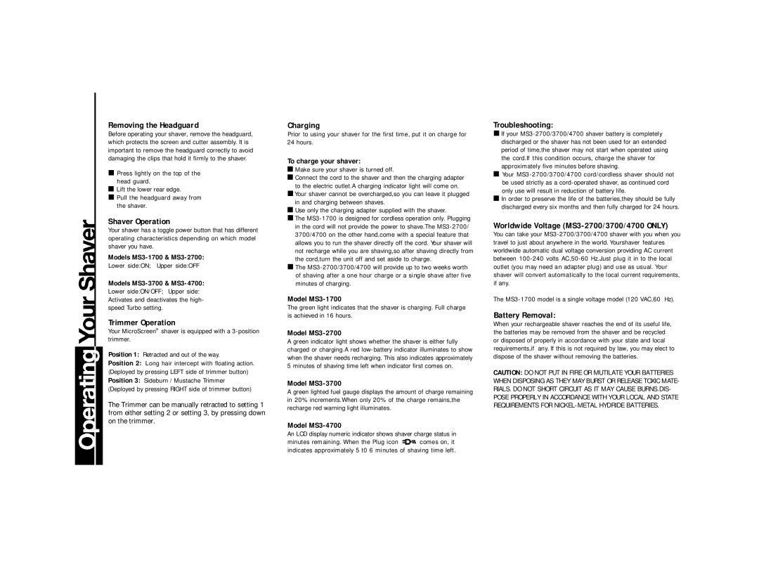 Remington MS3-1700 Removing the Headguard, Shaver Operation, Trimmer Operation, Charging, Troubleshooting, Battery Removal 