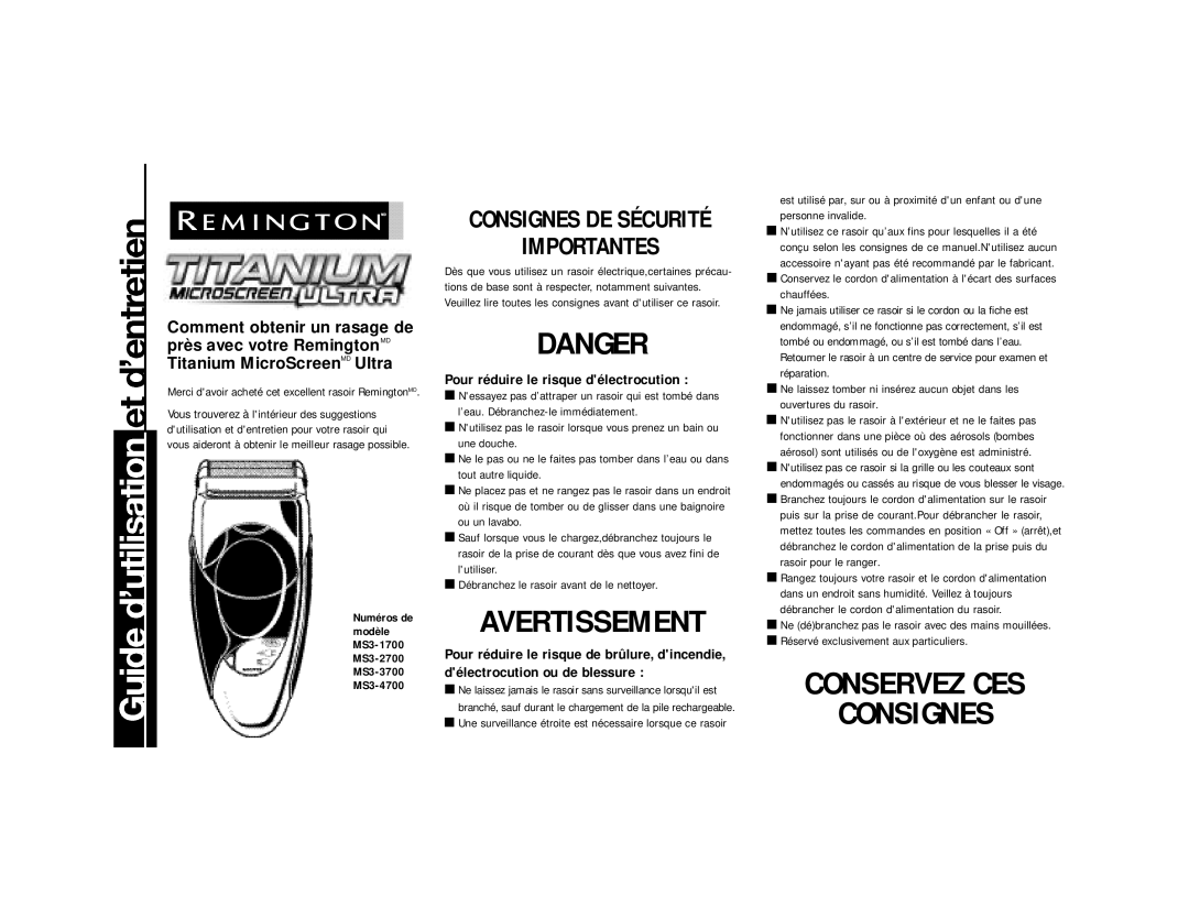 Remington Pour réduire le risque délectrocution, Numéros de Modèle MS3-1700 MS3-2700 MS3-3700 MS3-4700 