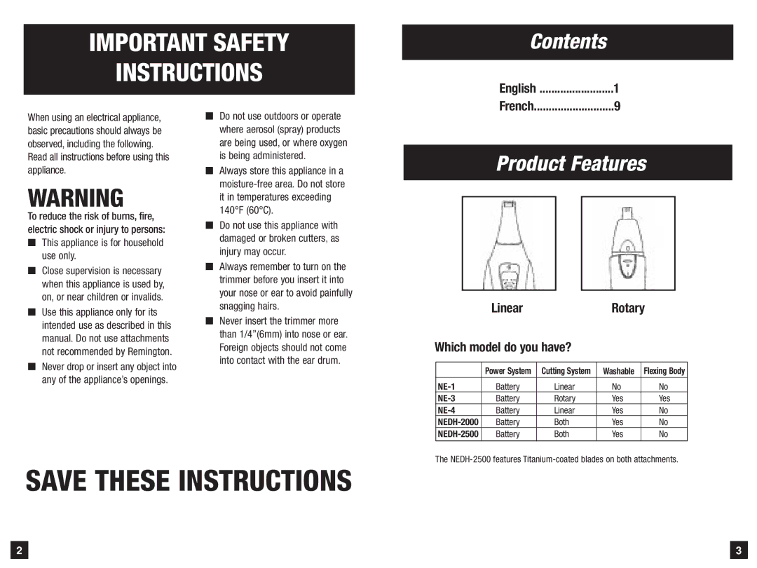 Remington NEDH-2000, NE-1, NE-3, NE-4, NEDH-2500 manual Important Safety Instructions 