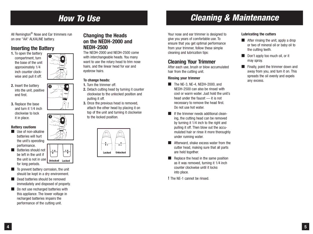 Remington NE-4, NE-1, NE-3, NEDH-2000 manual How To Use Cleaning & Maintenance, Inserting the Battery, Cleaning Your Trimmer 