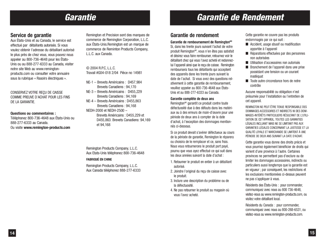 Remington NE-4, NE-1 Garantie Garantie de Rendement, Service de garantie, Garantie de rendement, Questions ou commentaires 