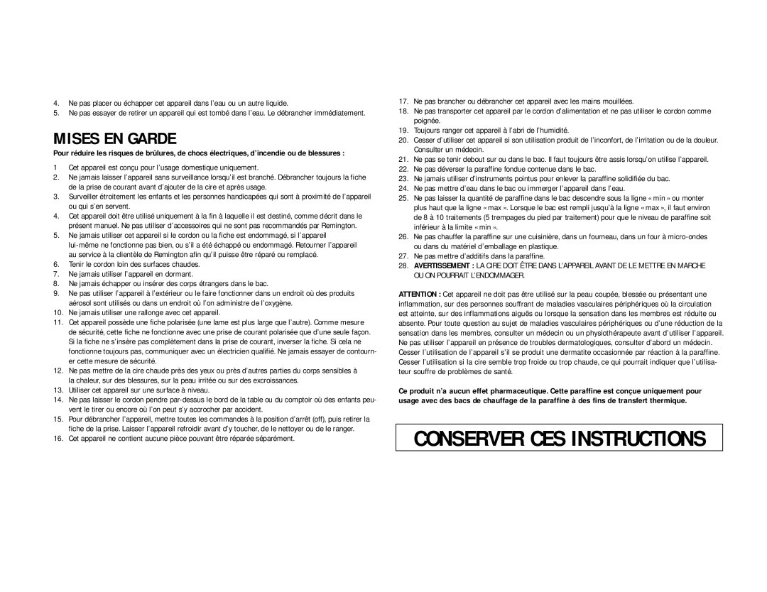 Remington PFS-600 important safety instructions Cet appareil est conçu pour l’usage domestique uniquement 