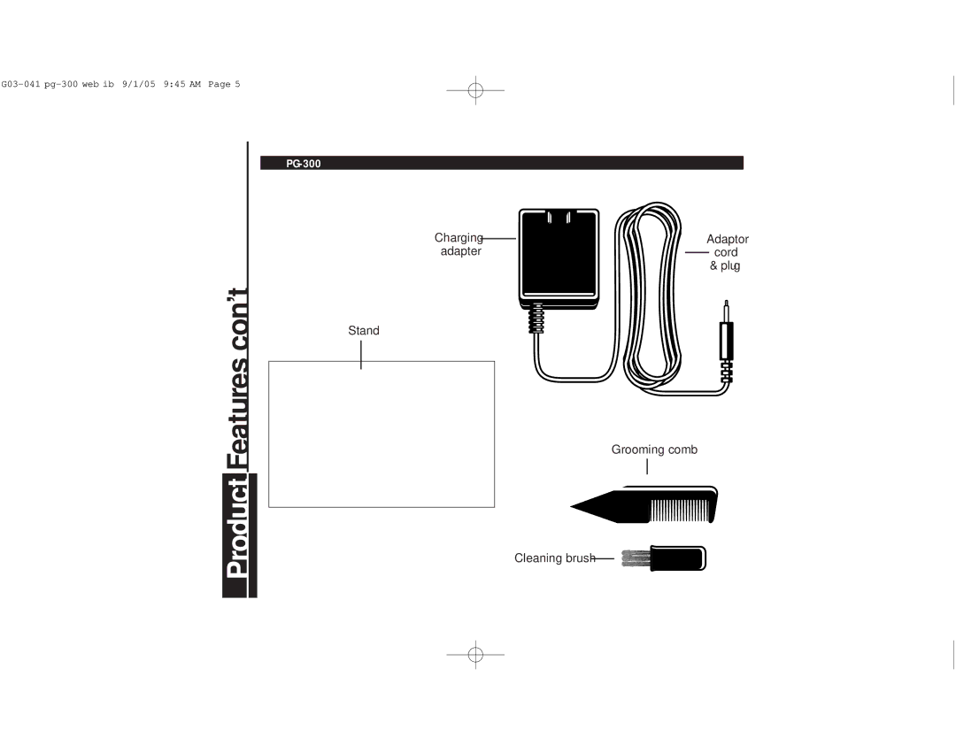 Remington PG-300 important safety instructions Stand Adaptor Cord Plug Grooming comb Cleaning brush, Charging adapter 