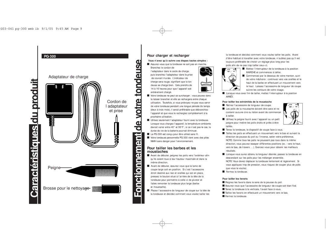 Remington PG-300 Adaptateur de charge, Peigne, Cordon de ’adaptateur Et prise, Pour charger et recharger 