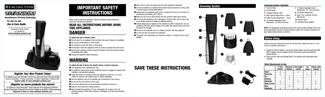 Remington PG-360 important safety instructions Before Using, Grooming System Checklist, What Attachments to Use 