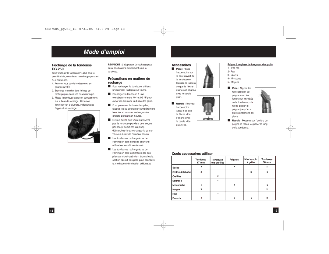 Remington PG250 manual Mode d’emploi, Recharge de la tondeuse PG-250, Précautions en matière de recharge, Accessoires 