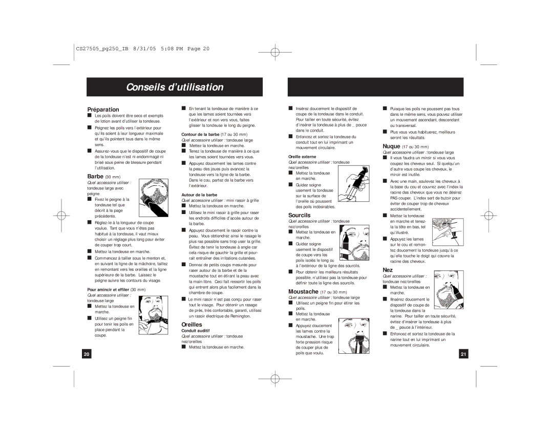 Remington PG250 manual Conseils d’utilisation, Préparation, Oreilles, Sourcils, Nez 