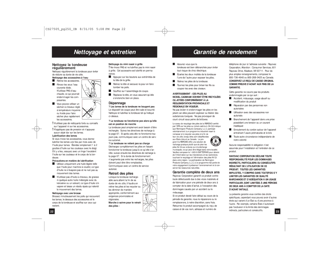 Remington PG250 manual Nettoyage et entretien Garantie de rendement, Dépannage, Retrait des piles 