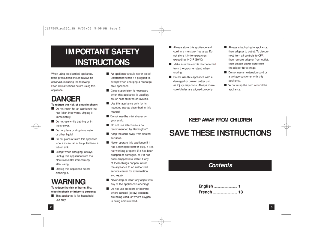 Remington PG250 manual Contents, To reduce the risk of electric shock, English French 