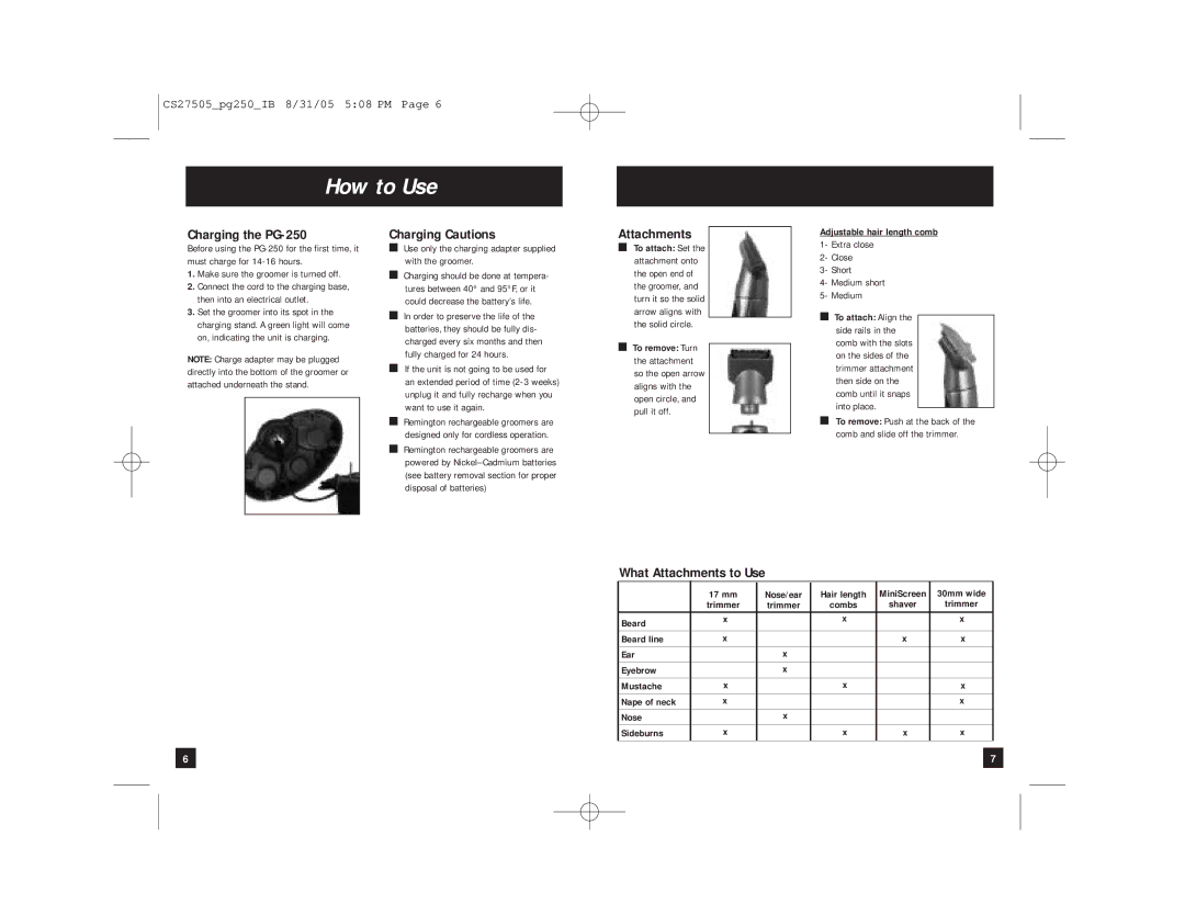 Remington PG250 manual How to Use, Charging the PG-250, Charging Cautions, What Attachments to Use 