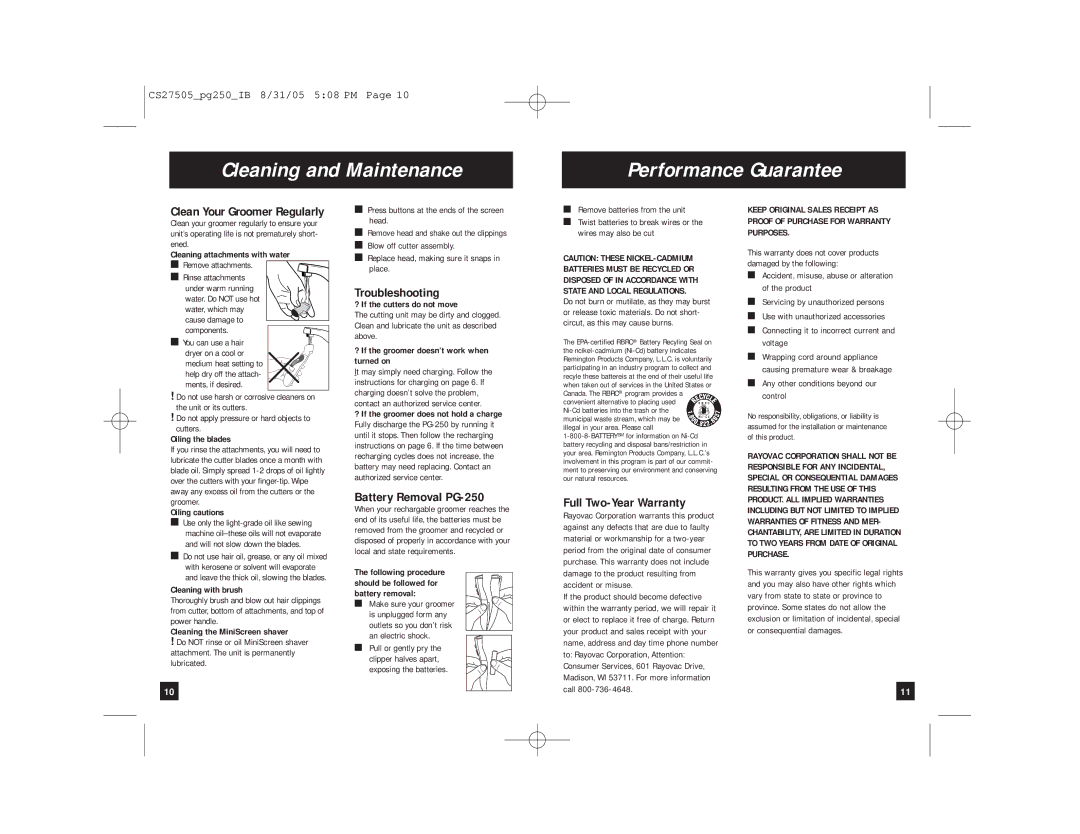 Remington PG250 manual Cleaning and Maintenance Performance Guarantee, Troubleshooting, Battery Removal PG-250 