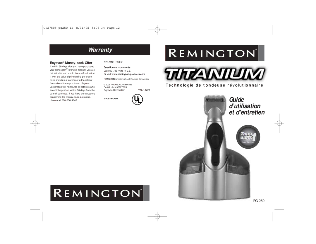 Remington PG250 manual Warranty, Rayovac Money-back Offer, Technologie de tondeuse révolutionnaire, Questions or comments 