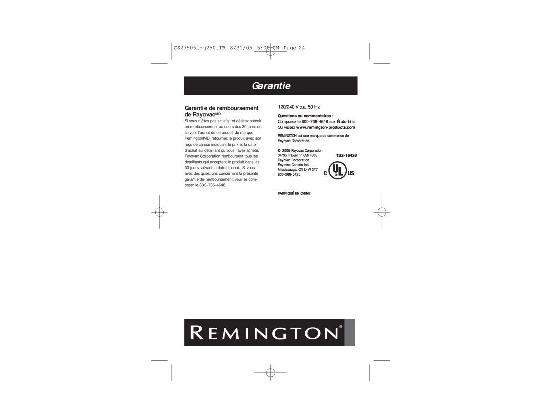 Remington PG250 manual CS27505pg250IB 8/31/05 508 PM Page, Garantie de remboursement de RayovacMD, T22-16426 