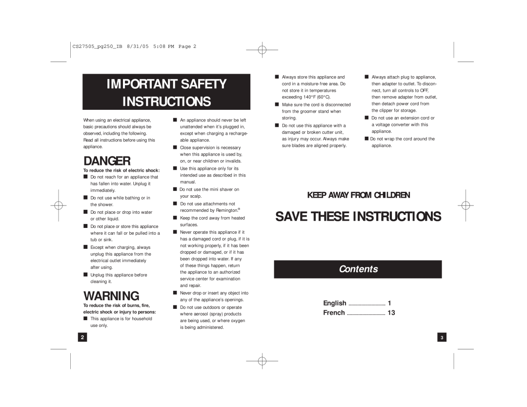 Remington PG250 manual Important Safety Instructions, Save These Instructions, Danger, Contents, Keep Away From Children 
