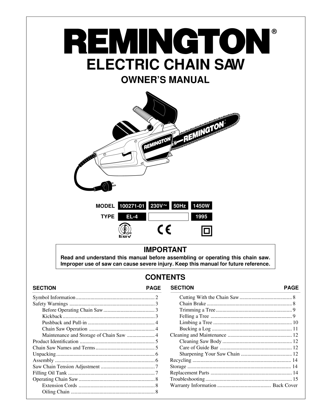 Remington Power Tools 100271-01 owner manual Electric Chain SAW, Contents 