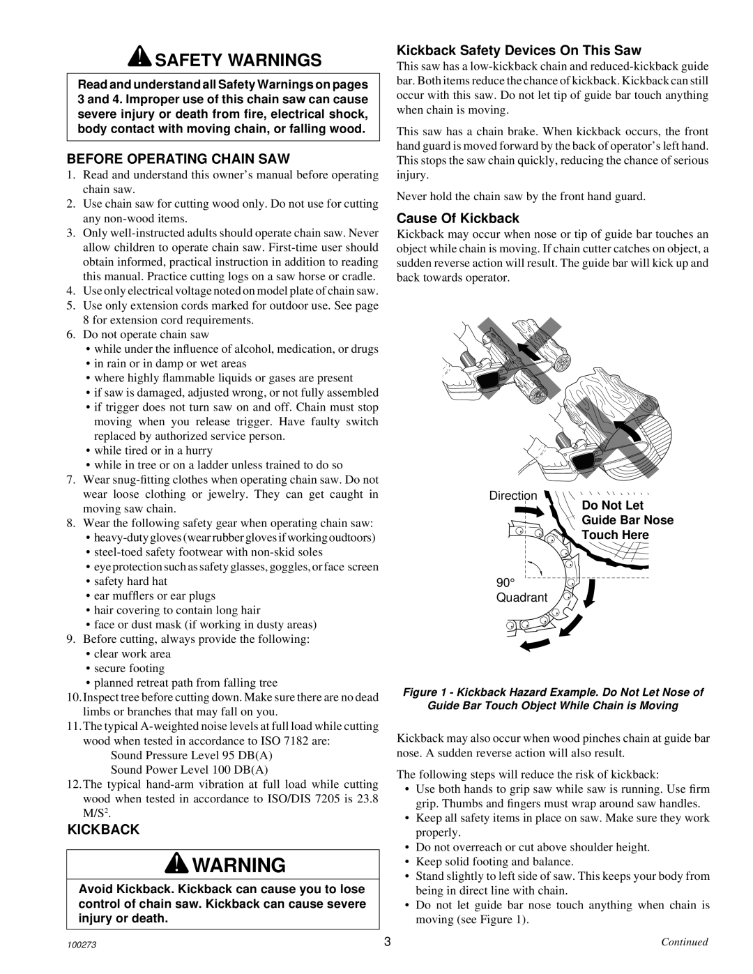 Remington Power Tools 100271-01 Safety Warnings, Before Operating Chain SAW, Kickback Safety Devices On This Saw 