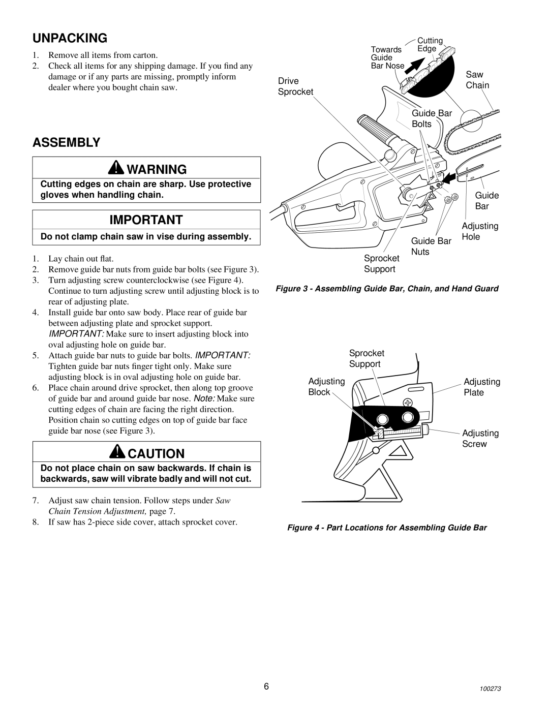 Remington Power Tools 100271-01 owner manual Unpacking, Assembly, Drive Saw Chain Sprocket Guide Bar Bolts 