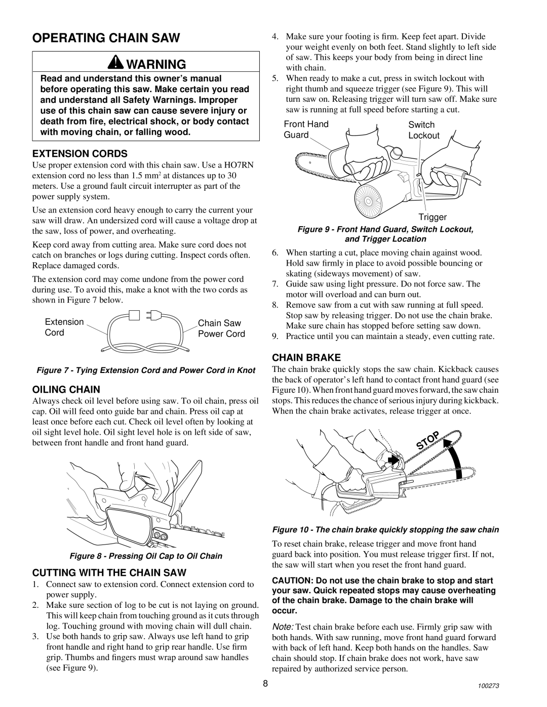 Remington Power Tools 100271-01 owner manual Operating Chain SAW, Extension Cords, Oiling Chain, Cutting with the Chain SAW 