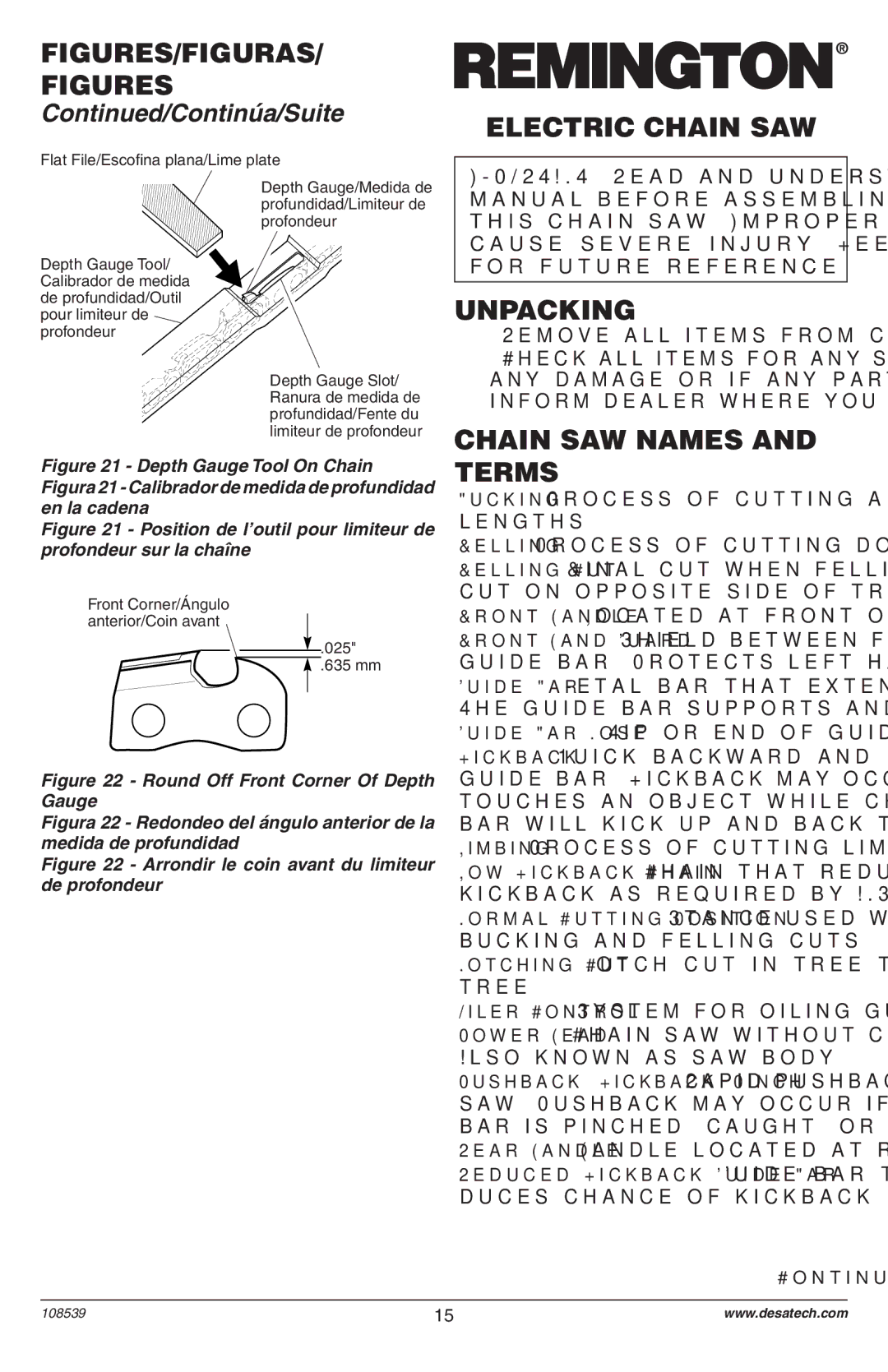 Remington Power Tools 106890-01 Electric Chain SAW, Unpacking, Chain SAW Names and Terms, Remove all items from carton 