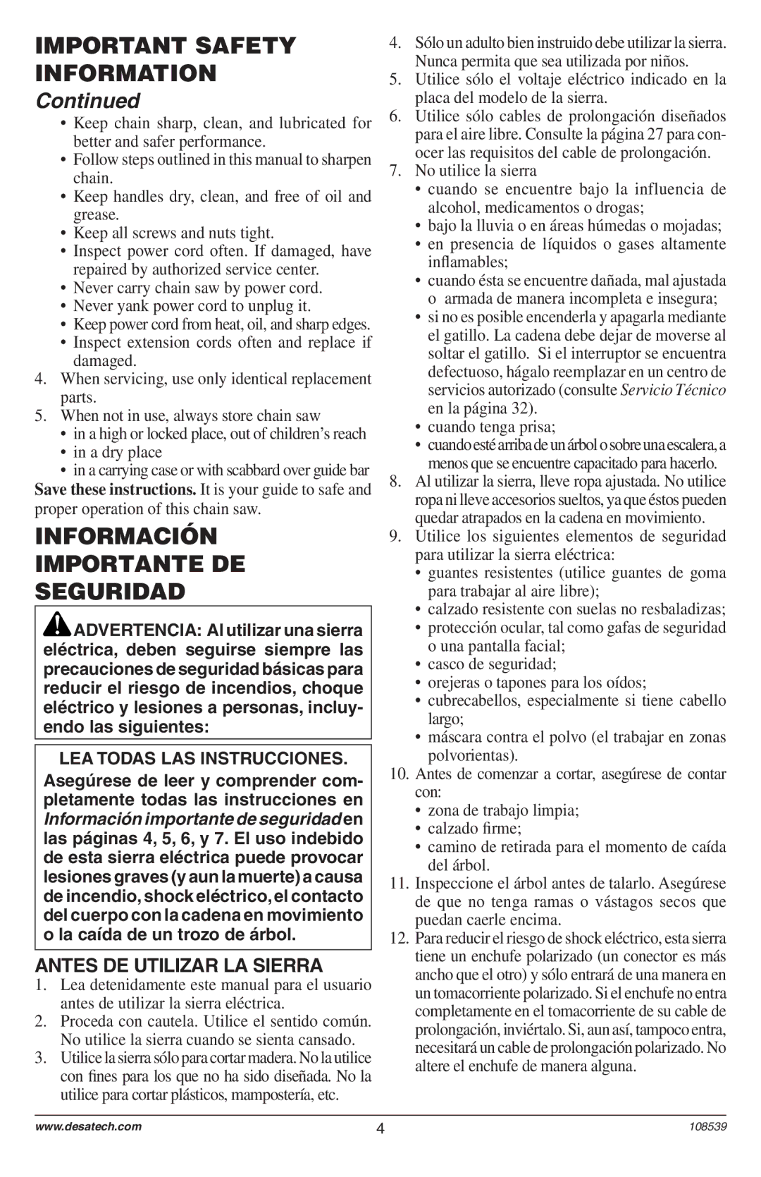 Remington Power Tools 104316-04, 106890-01 Información Importante DE Seguridad, Antes DE Utilizar LA Sierra, A dry place 