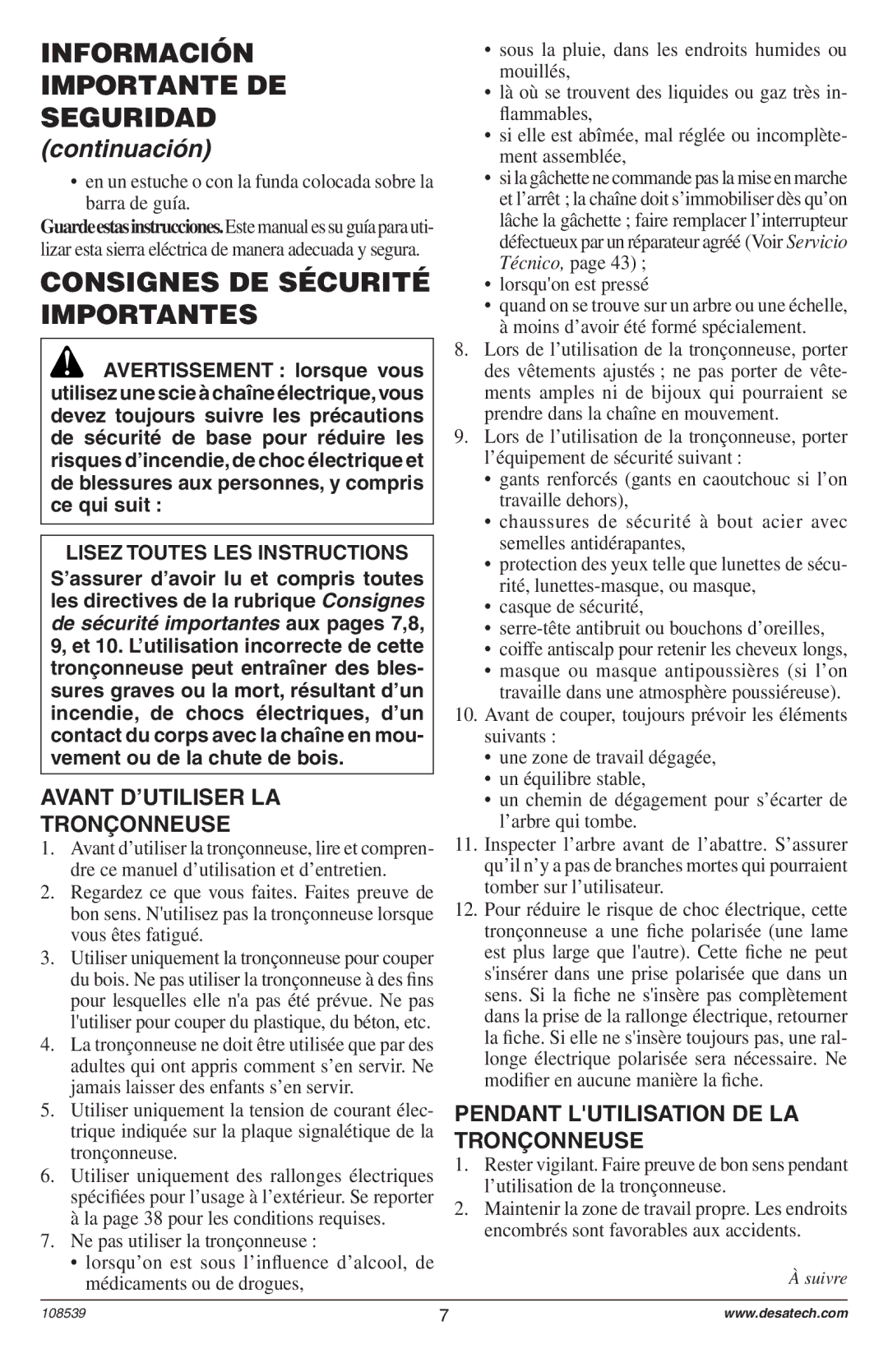 Remington Power Tools 104316-04 Consignes DE Sécurité Importantes, Avant D’UTILISER LA Tronçonneuse, Lorsquon est pressé 