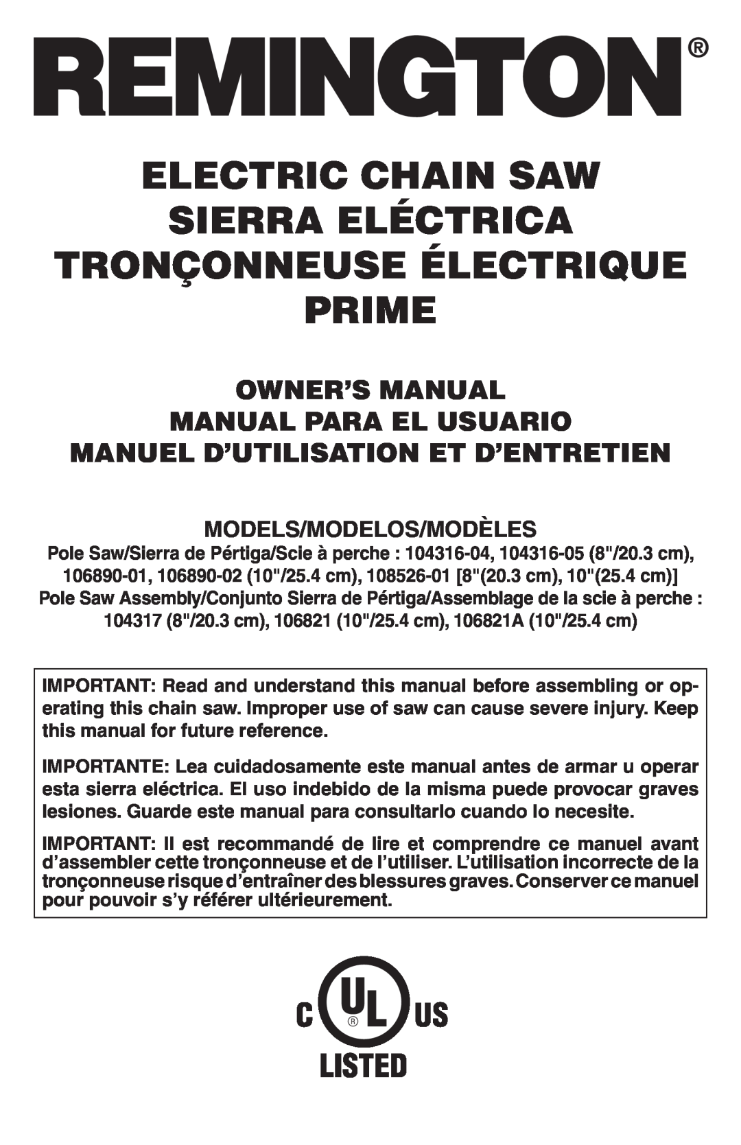 Remington Power Tools 104316-04 owner manual Owner’S Manual Manual Para El Usuario, Manuel D’Utilisation Et D’Entretien 