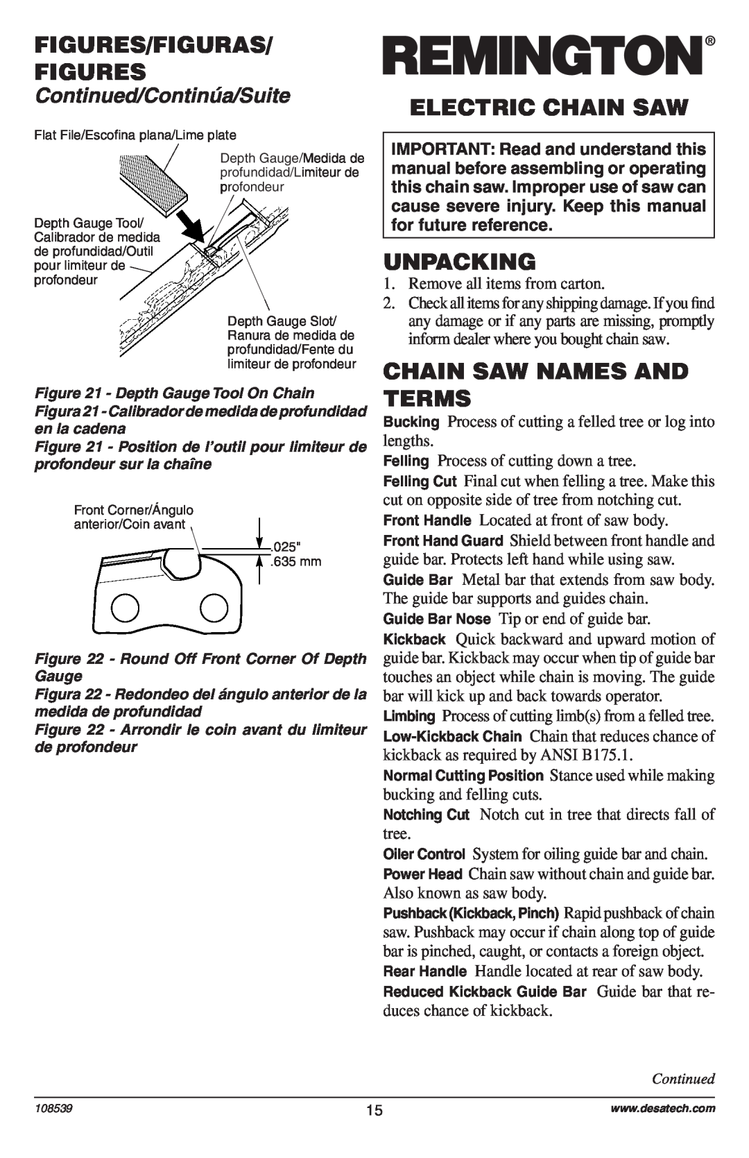 Remington Power Tools 106890-01 Electric Chain Saw, Unpacking, Chain Saw Names And Terms, Figures/Figuras Figures 