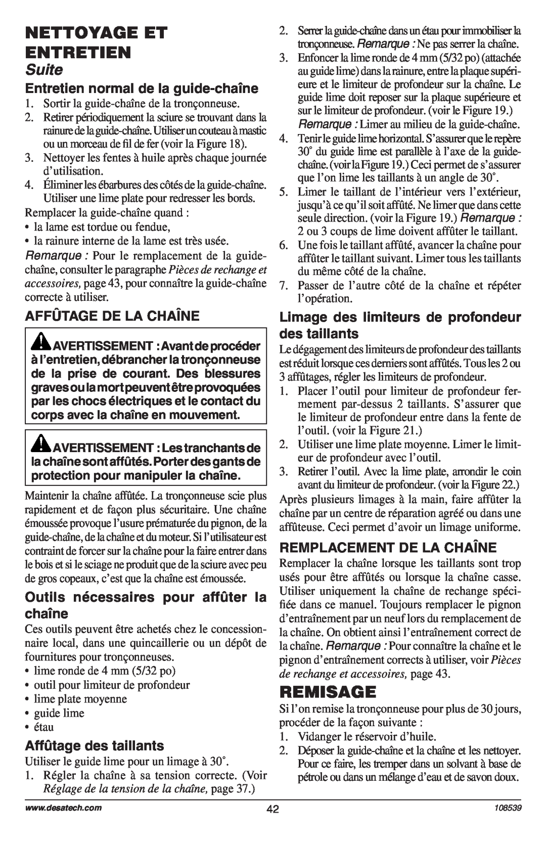 Remington Power Tools 106890-01, 104316-04 Remisage, Entretien normal de la guide-chaîne, Affûtage De La Chaîne, Suite 