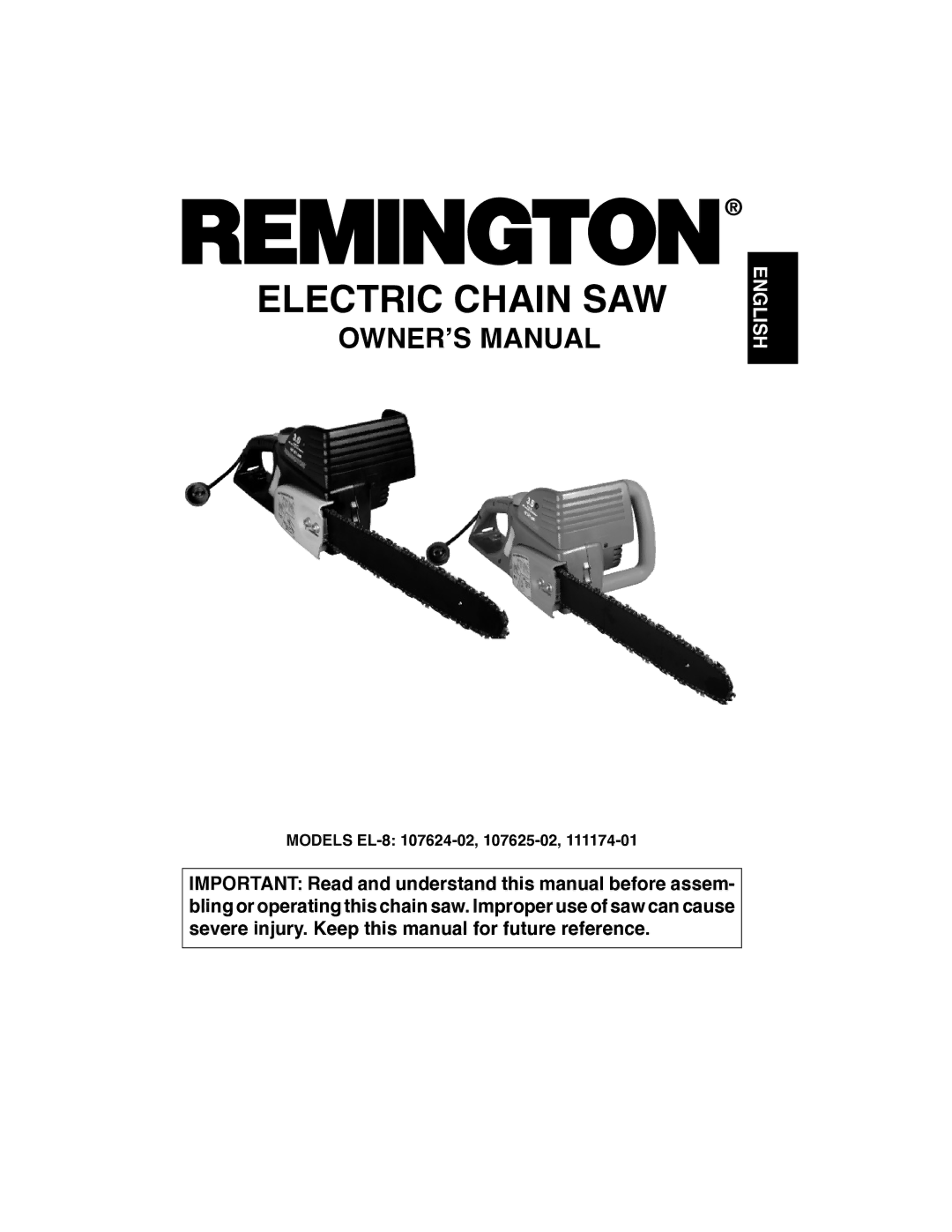 Remington Power Tools 111174-01 owner manual Electric Chain SAW, Models EL-8 107624-02, 107625-02 