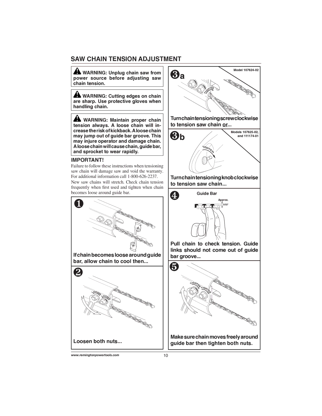 Remington Power Tools 107624-02, 107625-02, 111174-01 To tension saw chain or, Pull chain to check tension. Guide 