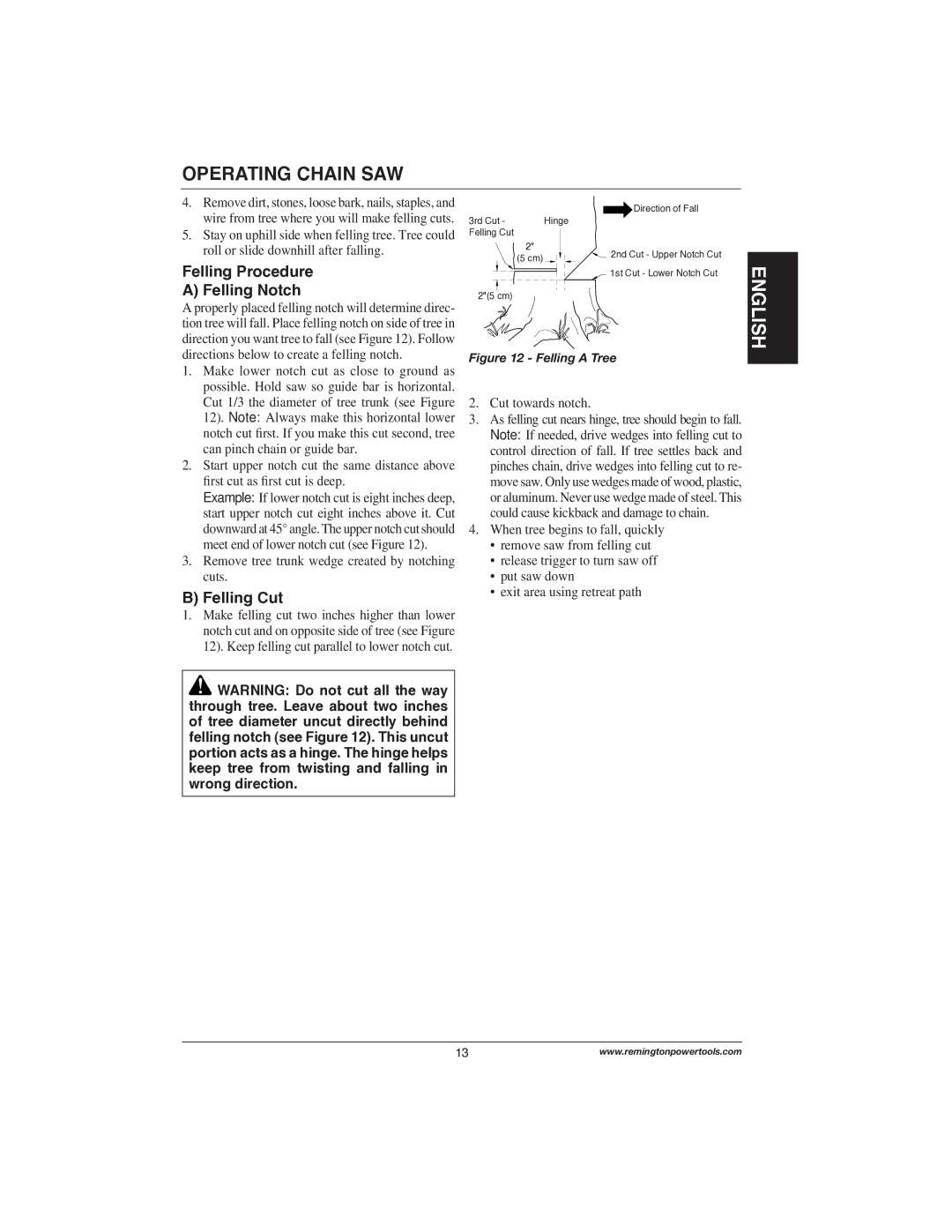 Remington Power Tools 107624-02, 107625-02, 111174-01 owner manual Felling Procedure Felling Notch, Felling Cut 