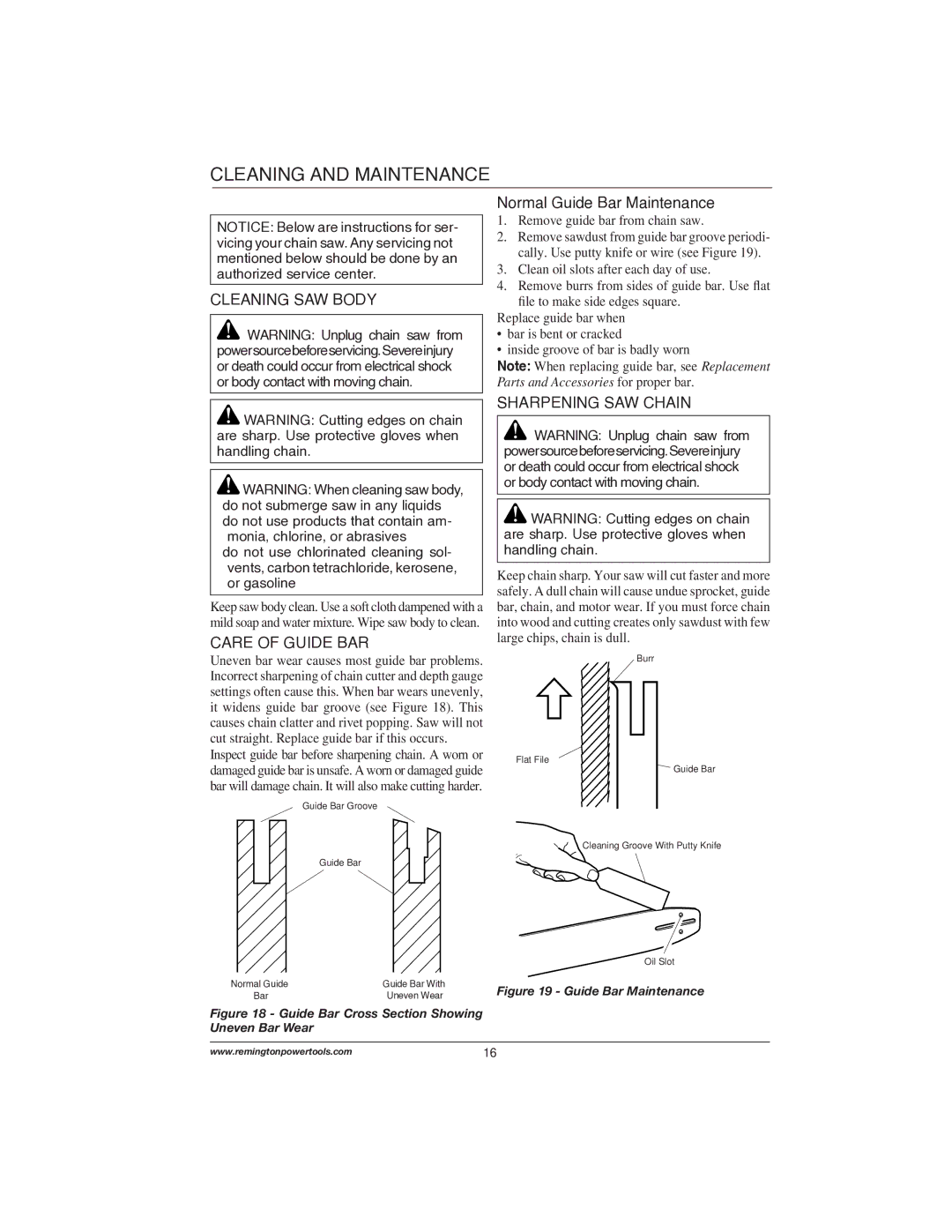 Remington Power Tools 107624-02 Cleaning and Maintenance, Cleaning SAW Body, Care of Guide BAR, Sharpening SAW Chain 