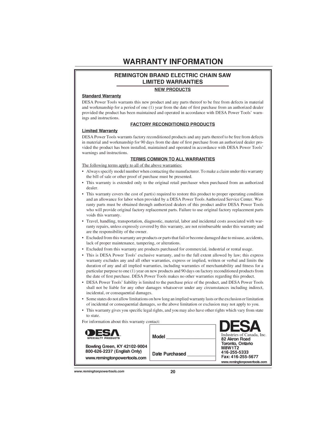 Remington Power Tools 111174-01, 107625-02 Warranty Information, Remington Brand Electric Chain SAW Limited Warranties 