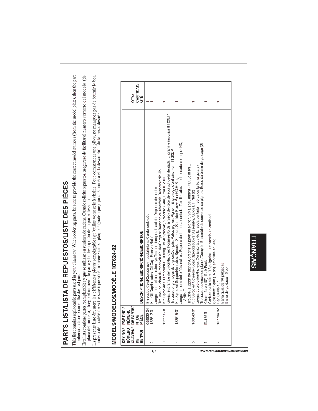 Remington Power Tools 107625-02, 107624-02, 111174-01 Parts LIST/LISTA DE REPUESTOS/LISTE DES Pièces, Models/Modelos/Modèle 