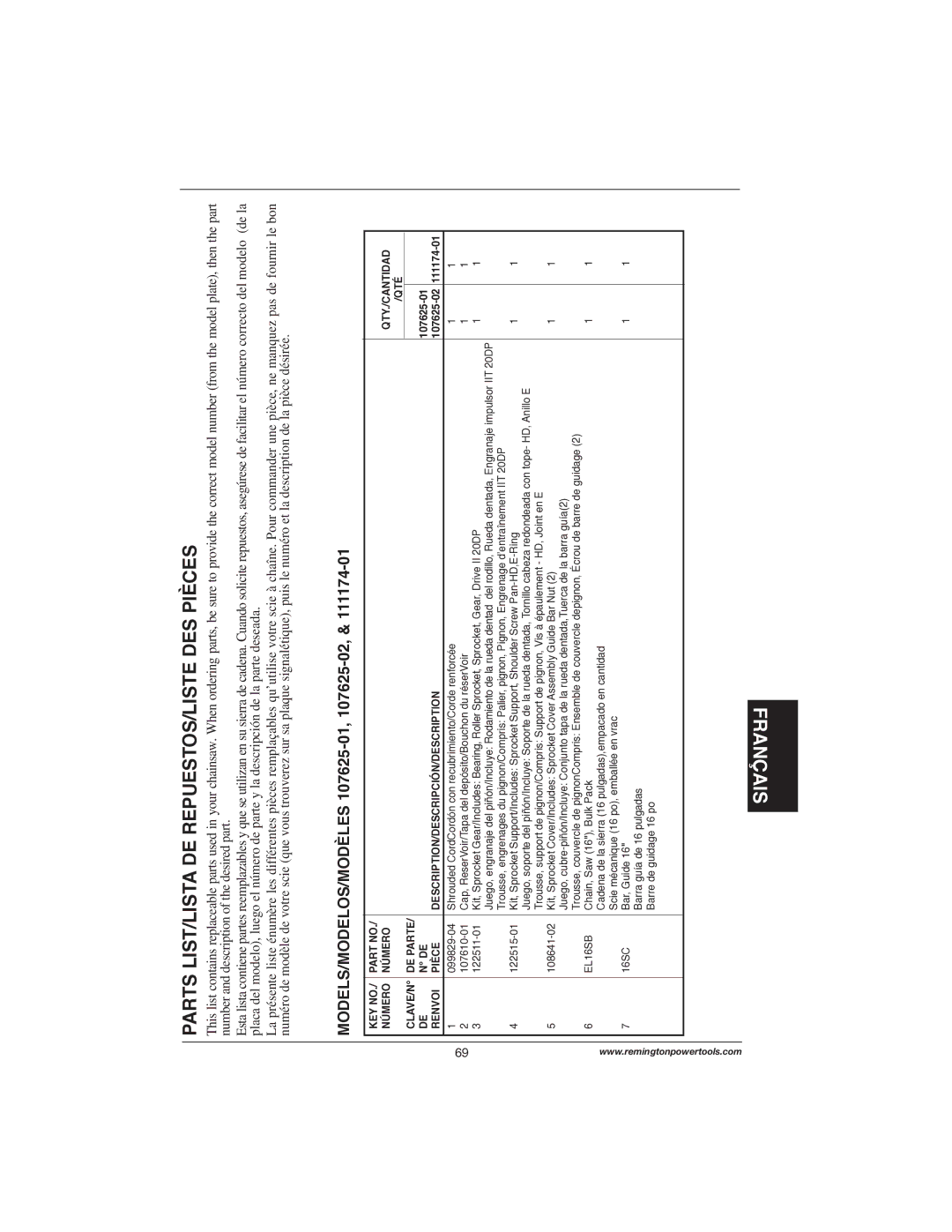 Remington Power Tools 111174-01, 107624-02 owner manual MODELS/MODELOS/MODÈLES 107625-01, 107625-02 