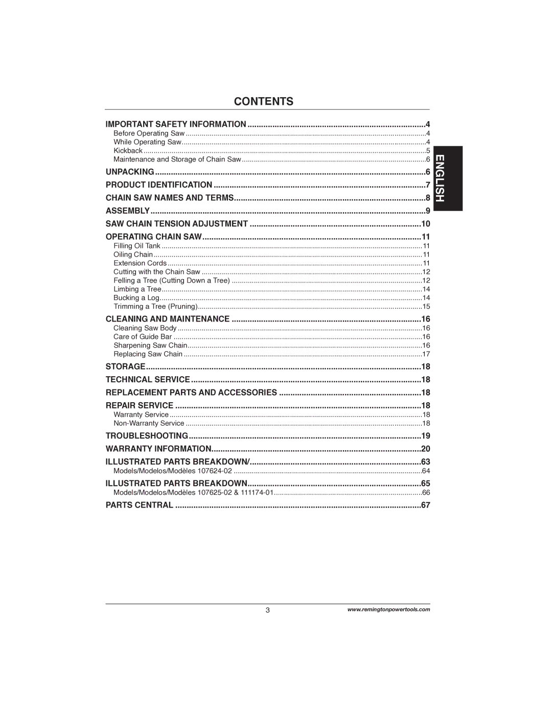 Remington Power Tools 107625-02, 107624-02, 111174-01 owner manual Contents 