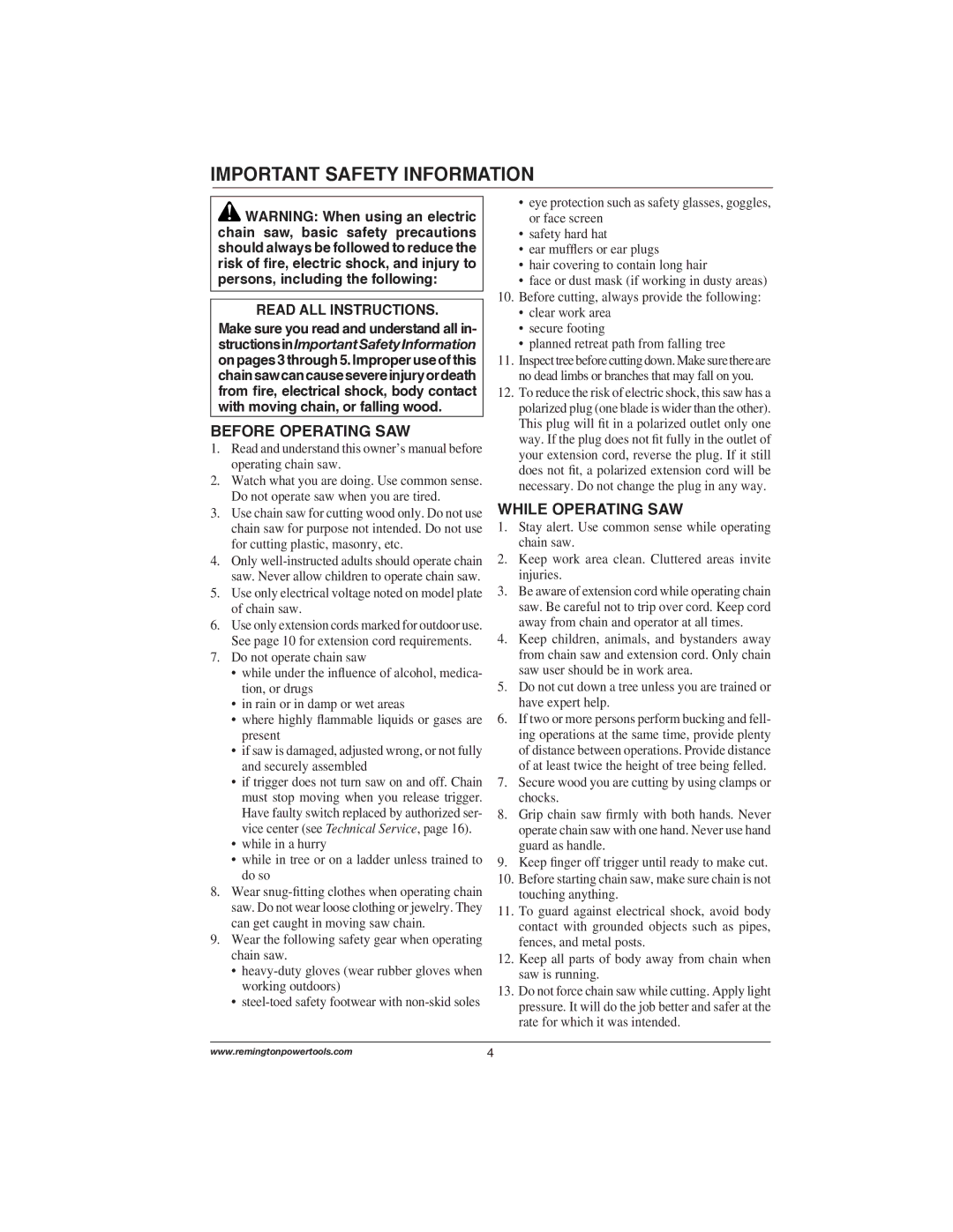 Remington Power Tools 107624-02, 107625-02 Important Safety Information, Before Operating SAW, While Operating SAW 