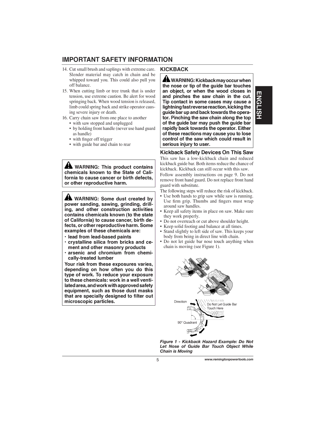 Remington Power Tools 111174-01, 107625-02, 107624-02 owner manual Kickback Safety Devices On This Saw 