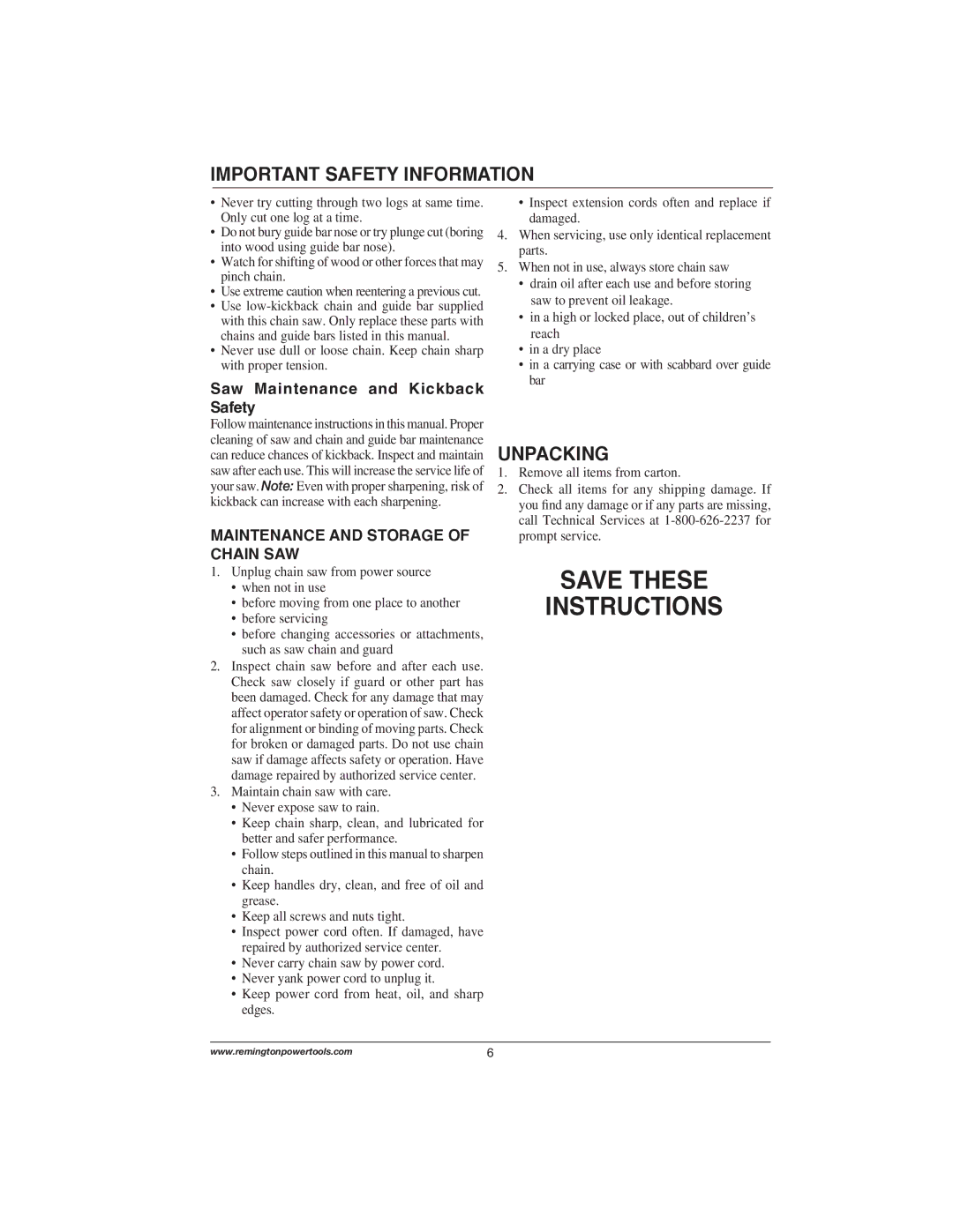 Remington Power Tools 107625-02 Unpacking, Saw Maintenance and Kickback Safety, Maintenance and Storage of Chain SAW 