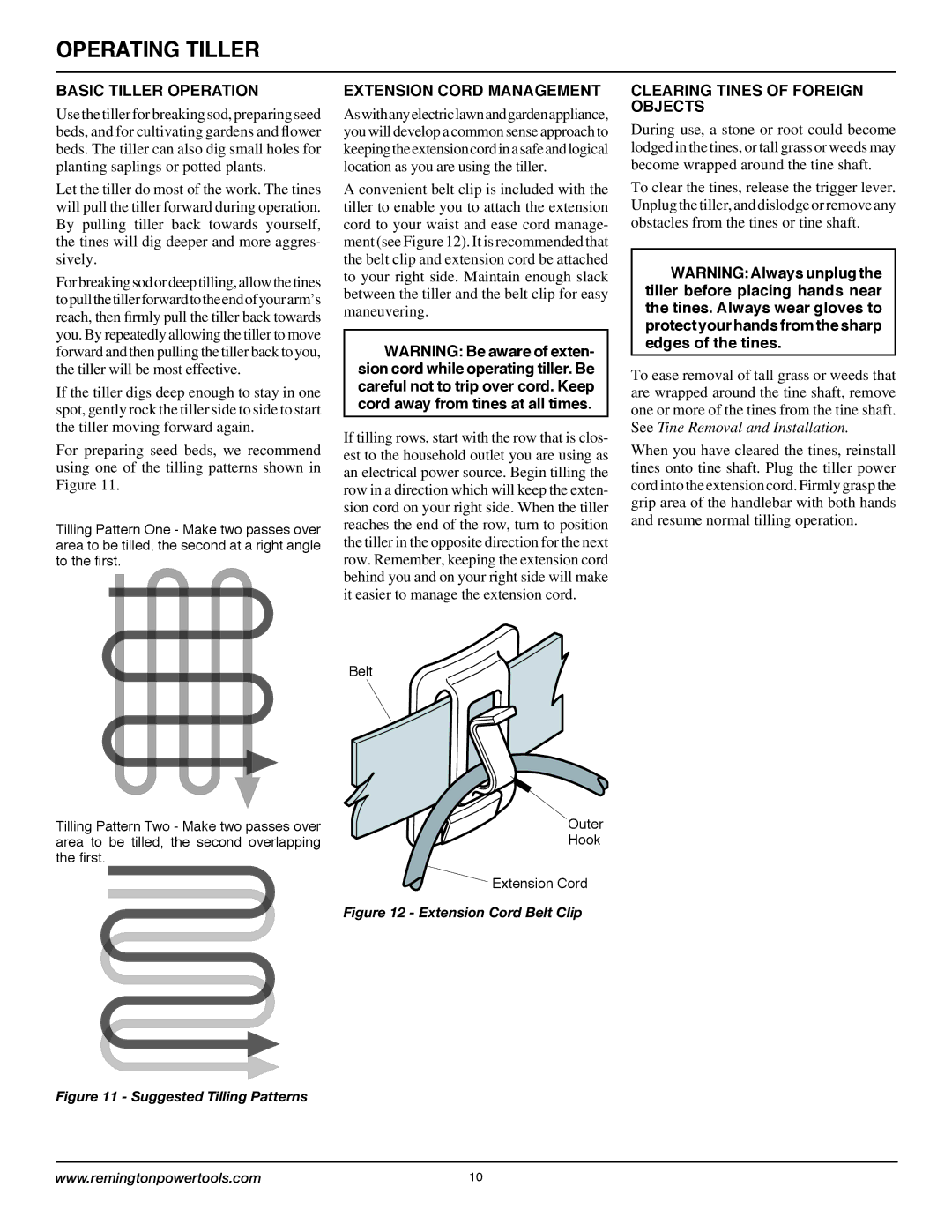 Remington Power Tools 109312-01 Basic Tiller Operation, Extension Cord Management, Clearing Tines of Foreign Objects 