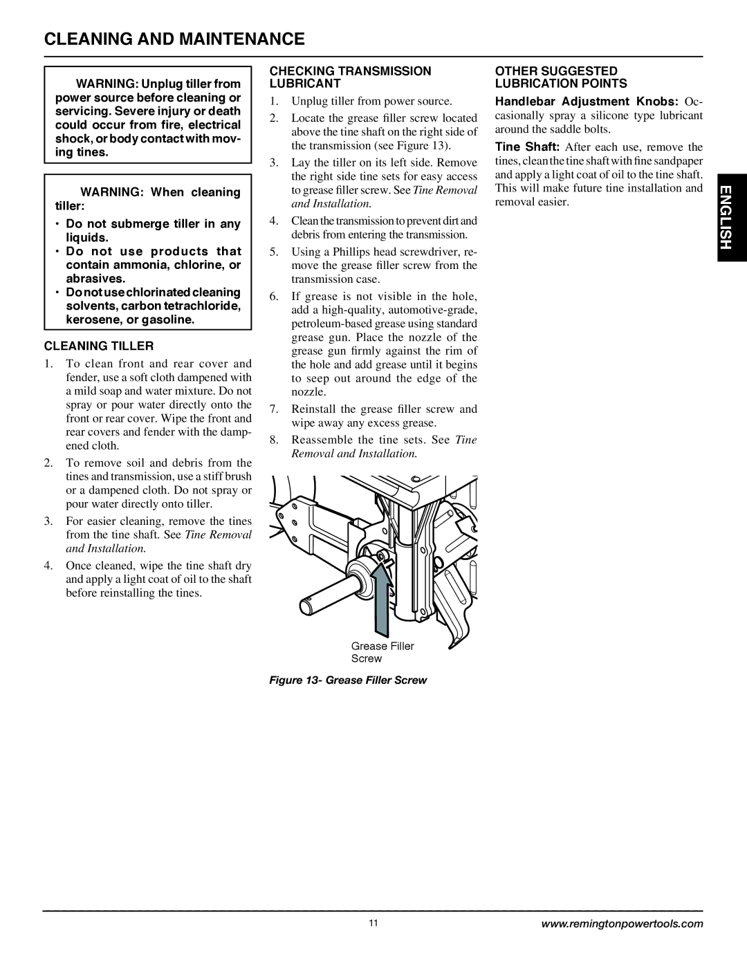 Remington Power Tools 109312-01 owner manual Cleaning and Maintenance, Cleaning Tiller, Checking Transmission Lubricant 