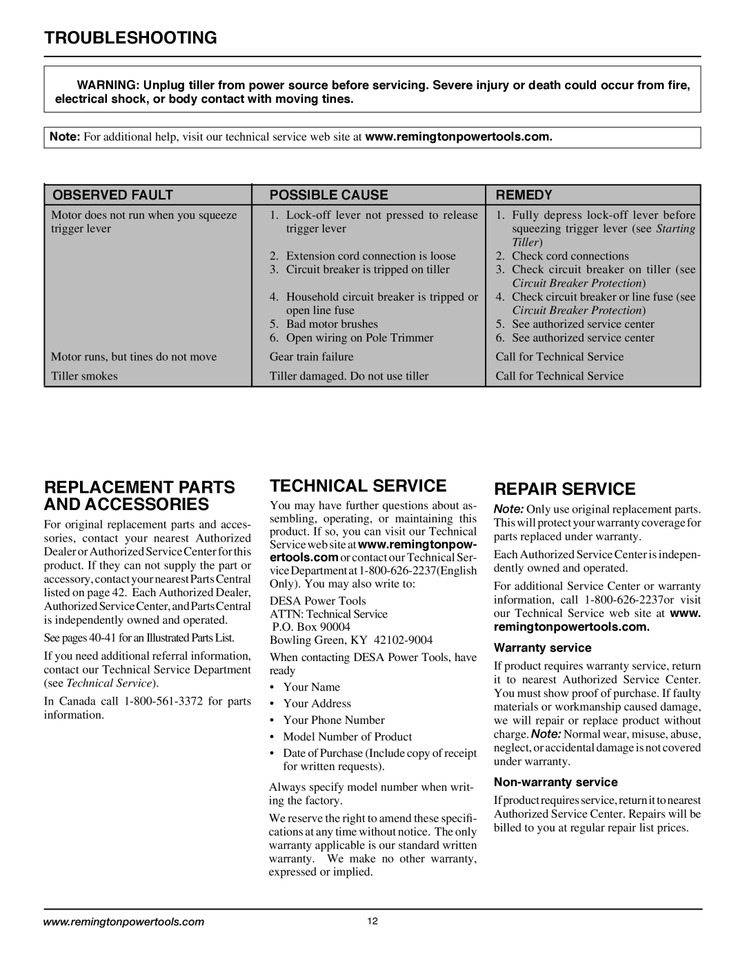 Remington Power Tools 109312-01 Troubleshooting, Technical Service, Repair Service, Warranty service, Non-warranty service 