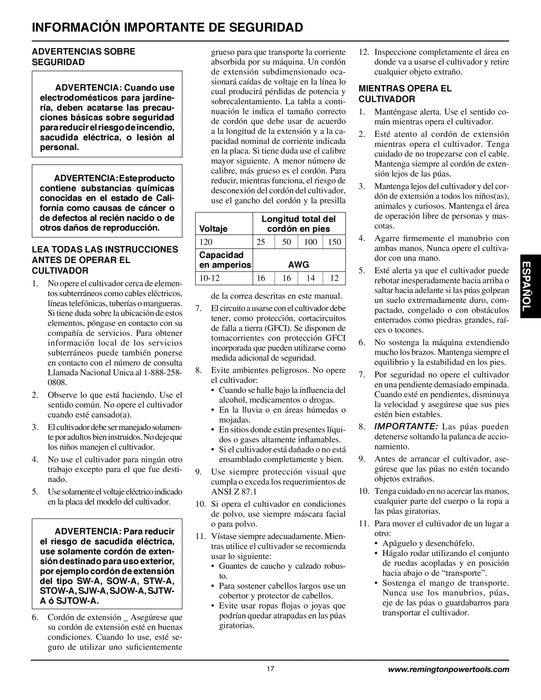 Remington Power Tools 109312-01 owner manual Información Importante DE Seguridad, Advertencias Sobre Seguridad 