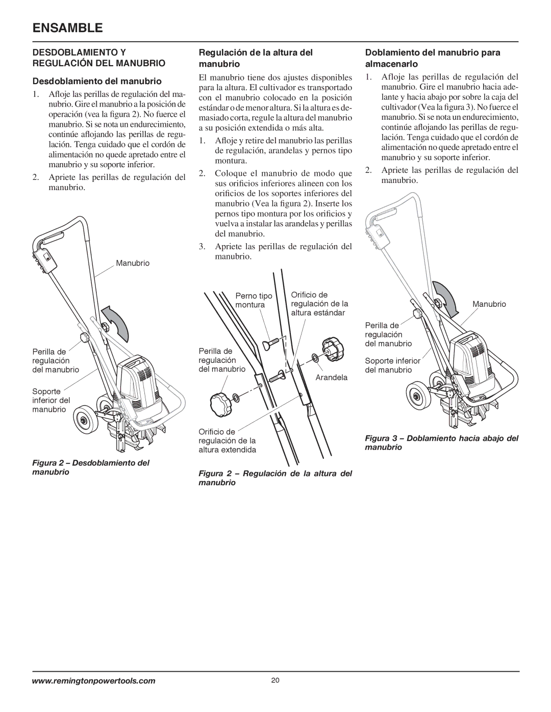 Remington Power Tools 109312-01 Ensamble, Desdoblamiento Y Regulación DEL Manubrio, Desdoblamiento del manubrio 