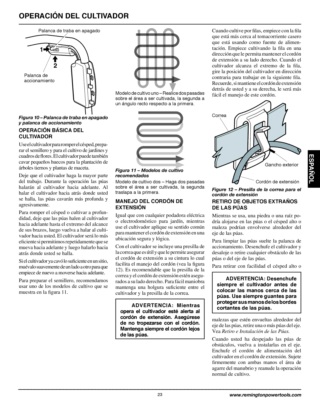 Remington Power Tools 109312-01 owner manual Operación Básica DEL Cultivador, Manejo DEL Cordón DE Extensión 