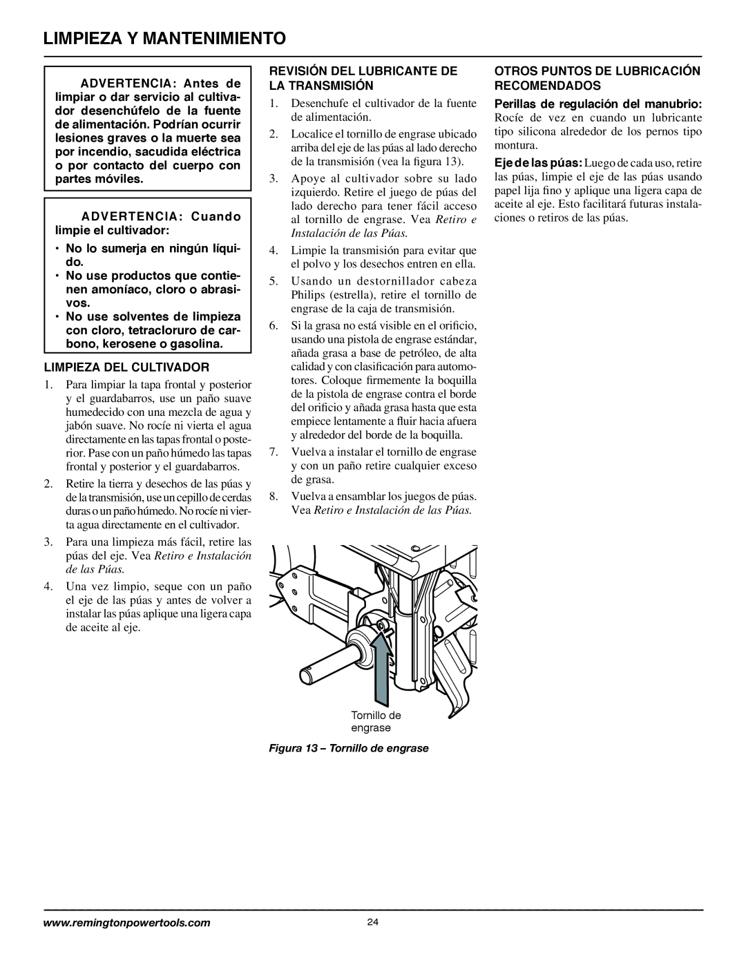 Remington Power Tools 109312-01 owner manual Limpieza DEL Cultivador, Revisión DEL Lubricante DE LA Transmisión 